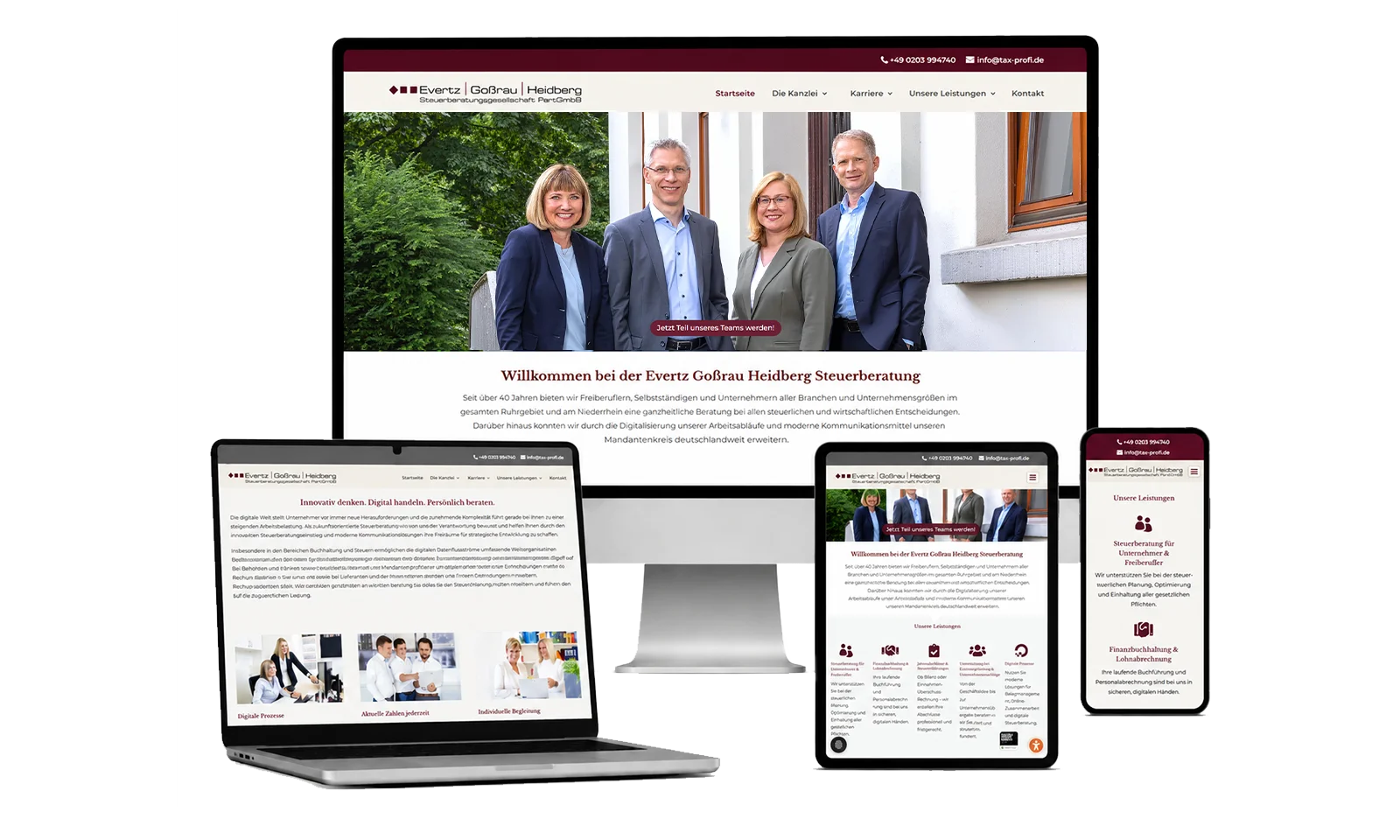 Responsive Webdesign für Tax-Profi Website der Steuerkanzlei aus Duisburg auf Desktop, Tablet und Smartphone