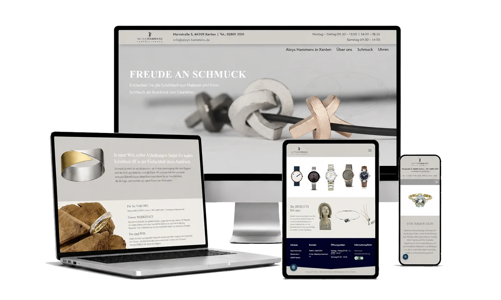 Responsive Webdesign für Juwelier Hammans in Xanten Website des Juweliers Hammans in Xanten auf Desktop, Tablet und Smartphone