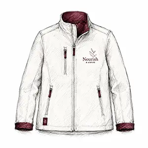 Softshelljacke im Nourish-Design Cremefarbene Softshelljacke mit Bordeaux-Akzenten und Nourish-Logo