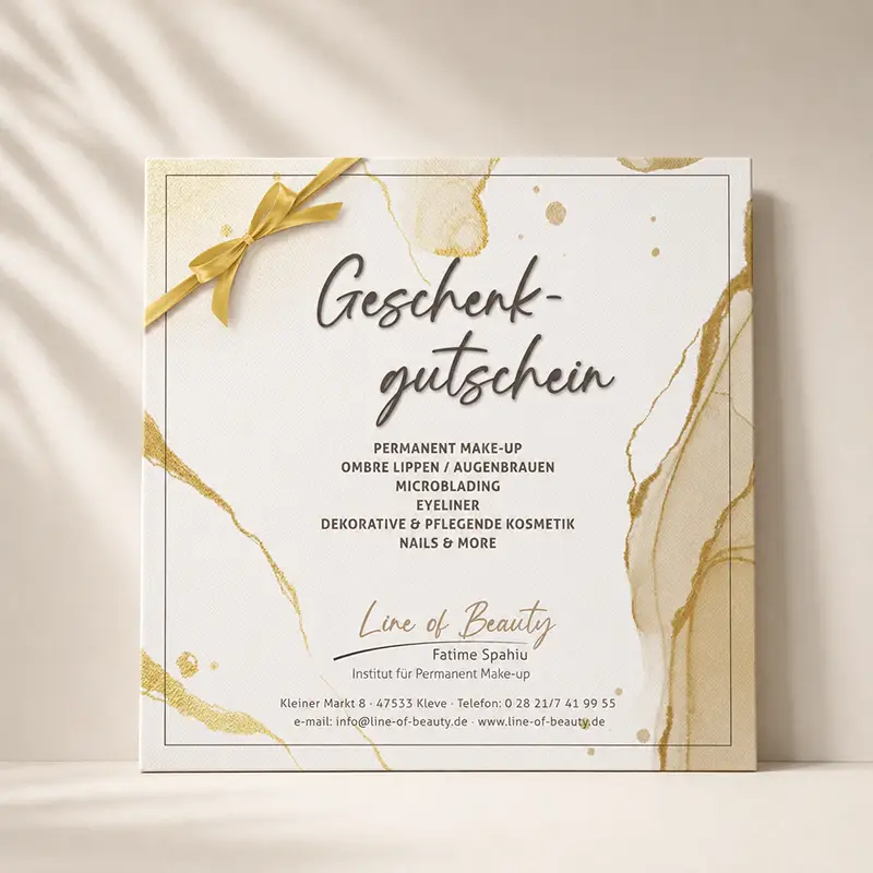 Geschenkgutschein für Line of Beauty Beige-goldener Geschenkgutschein für Permanent Make-up und Kosmetik bei Line of Beauty