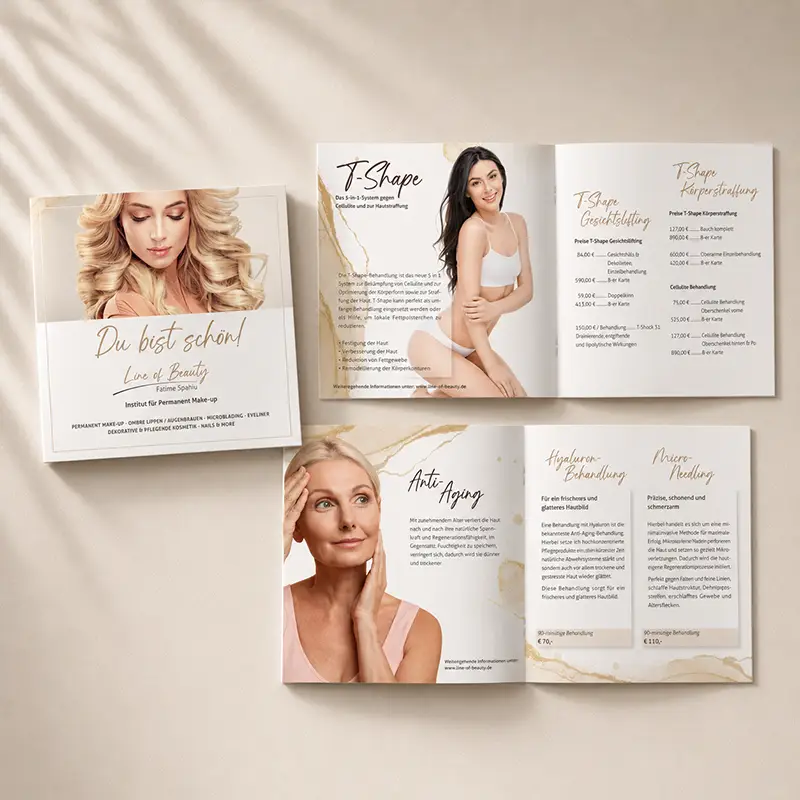 Broschüre für Line of Beauty Geöffnete Broschüre von Line of Beauty mit Behandlungen und Leistungsübersicht