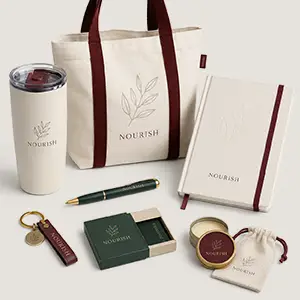 Werbeartikel-Set im Nourish-Design Stoffbeutel, Notizbuch, Kugelschreiber, Schlüsselanhänger