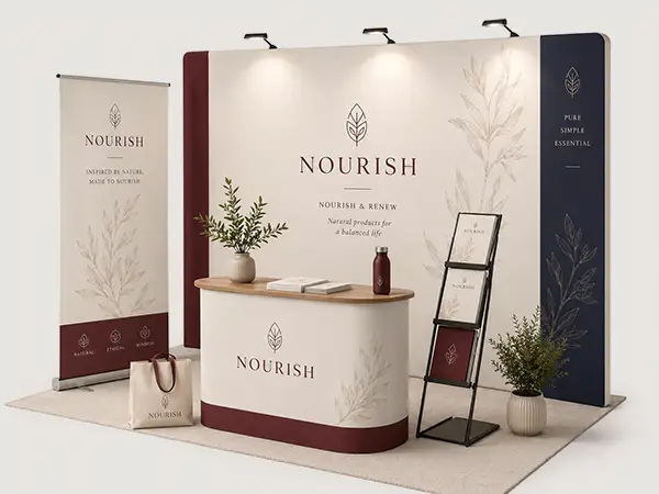 nourish-stand-600f Nourish & Renew Messestand-Konzept mit Rollup und Produktpräsentation