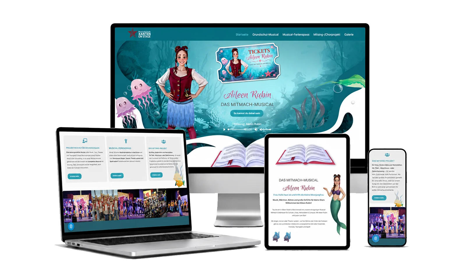 Responsive Webdesign für das Musicalprojekt Aileen Rubin Website des Musicalprojekts Aileen Rubin aus Xanten für den Niederrhein auf mehreren Geräten