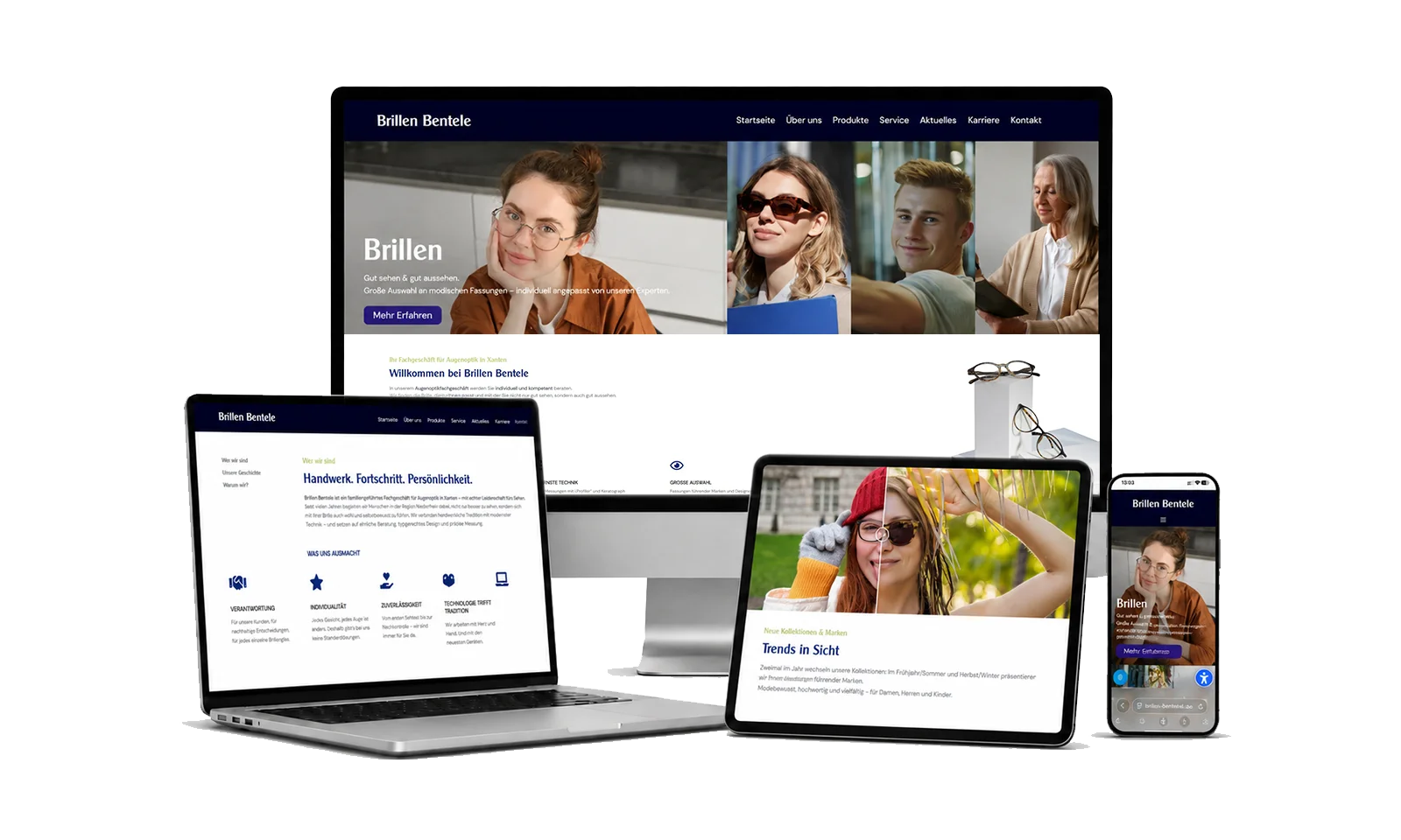 Responsive Webdesign für Brillen Bentele in Xanten Website des Traditionsoptikers Brillen Bentele in Xanten auf mehreren Geräten