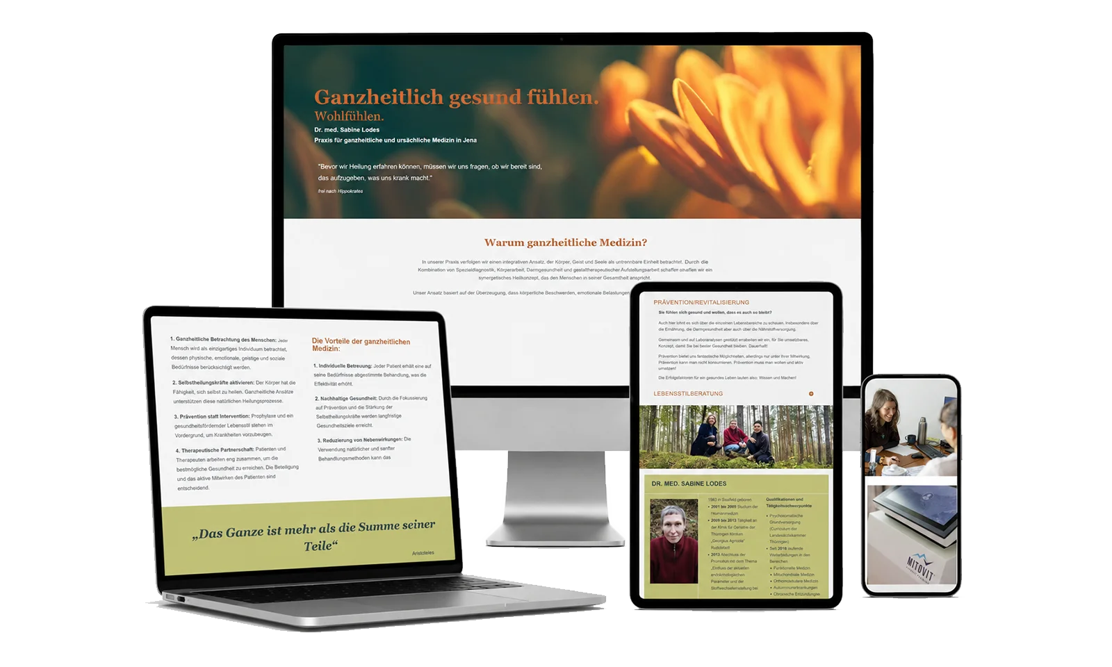 Responsive Webdesign für eine Praxis für ganzheitliche Gesundheit in Jena Website einer Praxis für ganzheitliche Gesundheit in Jena auf mehreren Geräten