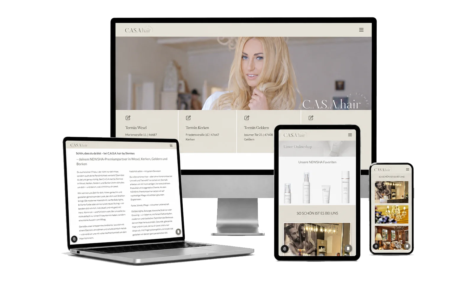Responsive Webdesign für C.A.S.A hair Website des Friseursalons C.A.S.A hair für Borken, Wesel, Kerken und Geldern auf mehreren Geräten