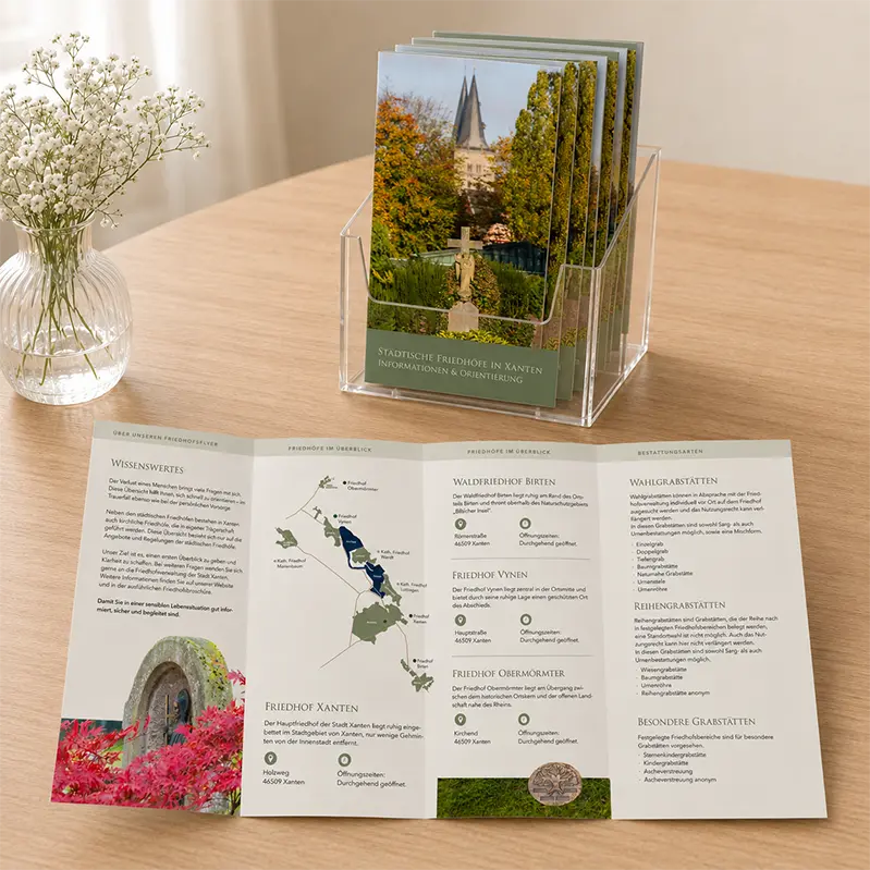 Friedhofsflyer für den DBX Xanten Kompakter Informationsflyer zu den Friedhöfen in Xanten