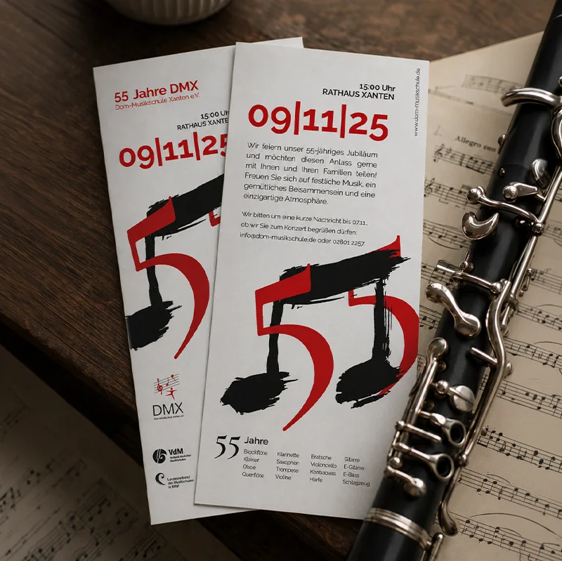 Jubiläumsflyer der Dom-Musikschule Xanten Veranstaltungsflyer zum 55-jährigen Jubiläum der Dom-Musikschule Xanten