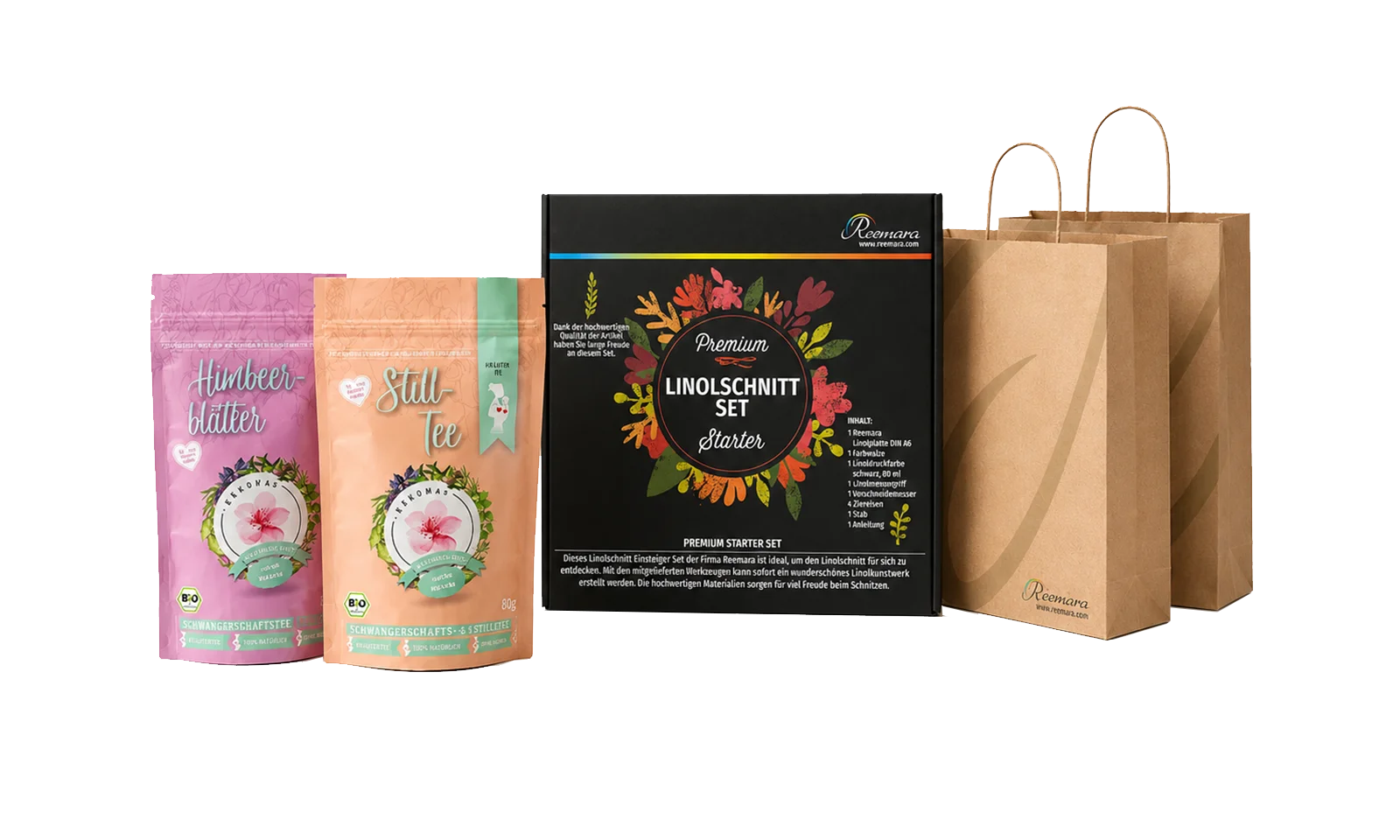 Verpackungsdesign für Tee, Linolschnitt-Set und Papiertüten Verpackungsbeispiele mit Teebeuteln, Linolschnitt-Set und bedruckten Papiertüten