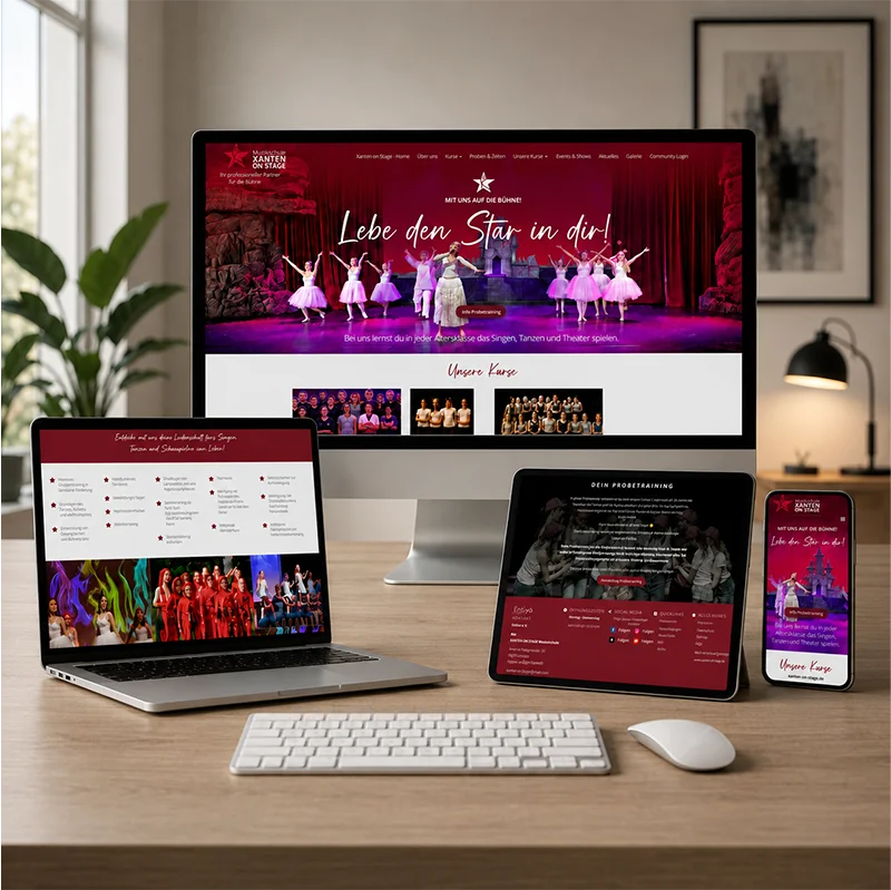 Responsive Webdesign für Xanten on Stage Website der Musicalschule Xanten on Stage auf mehreren Geräten