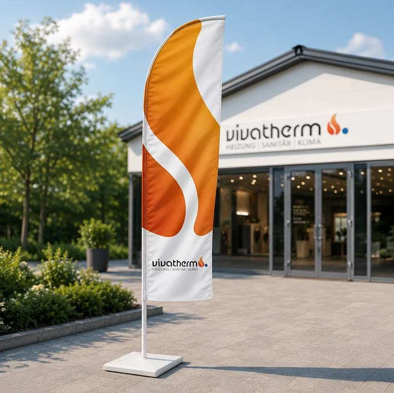 Beachflag für einen HSK-Betrieb aus Xanten Bedruckte Beachflag vor einem HSK-Betrieb in Xanten