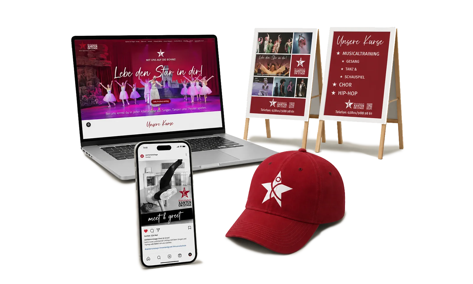 Webdesign und Werbemittel für eine Musicalschule in Xanten Website, Social Media und Werbemittel der Musicalschule Xanten on Stage in Xanten