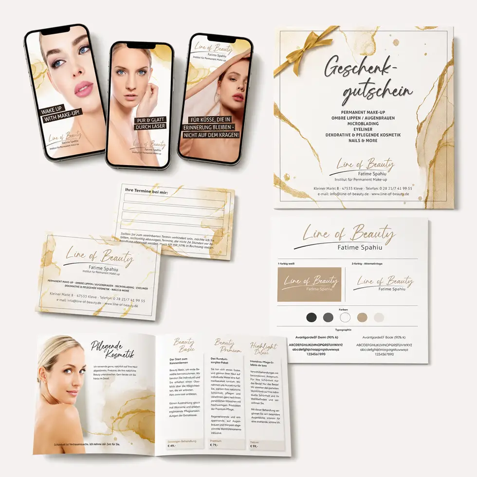 Corporate Design für Line of Beauty in Kleve Übersicht des Corporate Designs für Line of Beauty mit Logo, Printmedien, Geschenkgutschein und Social-Media-Beiträgen