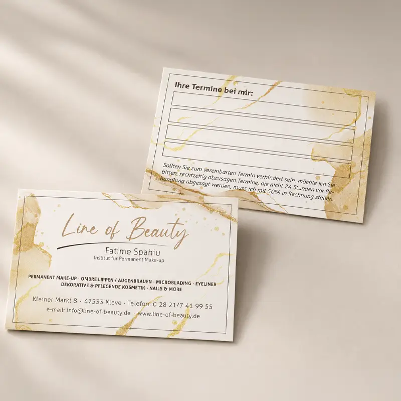 Visitenkarten und Terminkarten für Line of Beauty Visitenkarte und Terminkarte von Line of Beauty im beige-goldenen Corporate Design