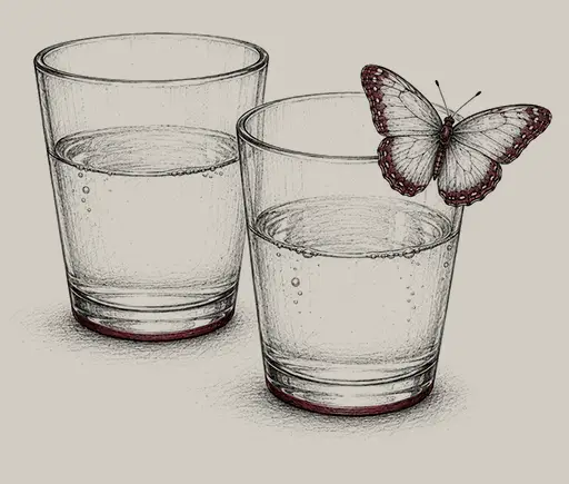 Partnerschaftliche Zusammenarbeit mit der Werbeagentur Korth Zwei gezeichnete Wassergläser mit Schmetterling als Symbol für partnerschaftliche Zusammenarbeit