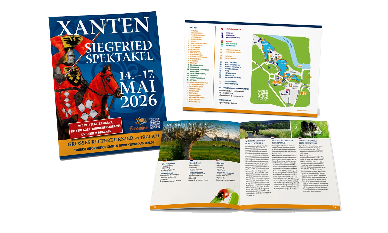 Printdesign für Touristik und Stadtmarketing Xanten Broschüren, Stadtplan und Veranstaltungswerbung für die Stadt Xanten