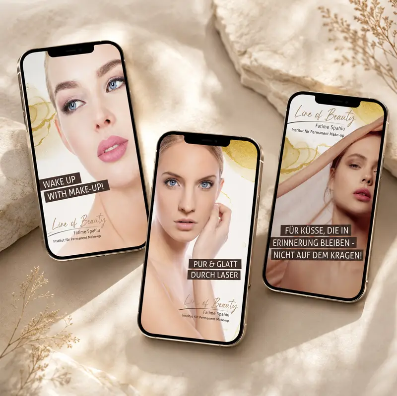 Social-Media-Design für Line of Beauty Drei Smartphone-Mockups mit Social-Media-Beiträgen für Line of Beauty