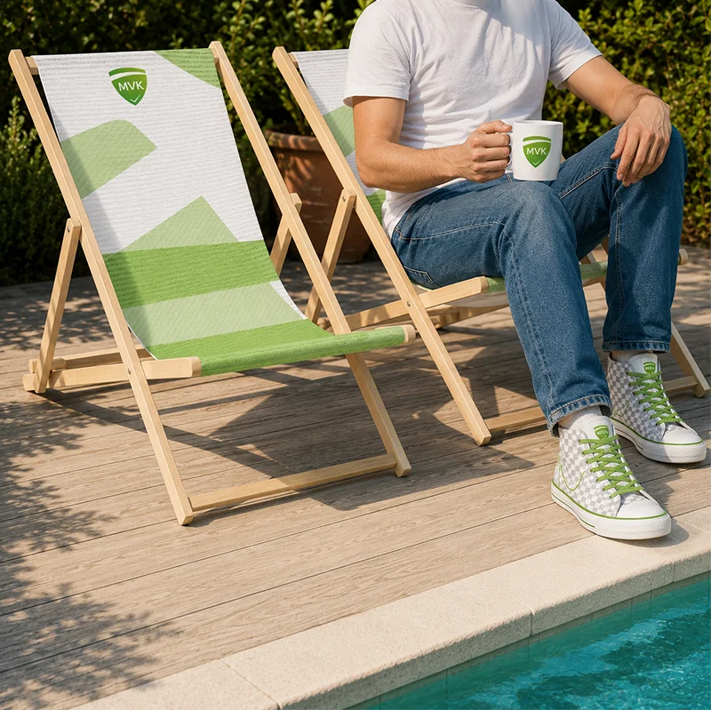 Werbeartikel für die MVK Unternehmensberatung Liegestühle, Tasse und Schuhe im Corporate Design von MVK